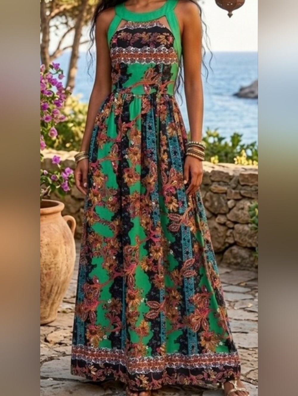 Gianni Bini Green Paradise City Paisley-Floral Halter Maxi Dress, Fit&Flare, NWT